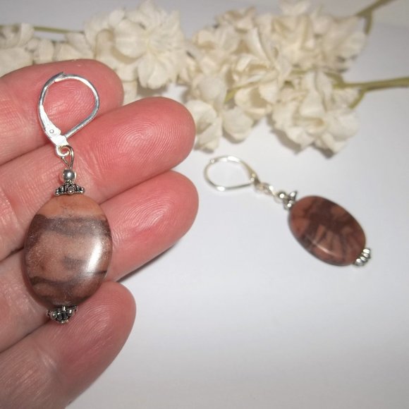 Earring Set Brown Faux Jasper Gemstone Silver Dangle Drop Lever Back Boho 6727 - Picture 5 of 7